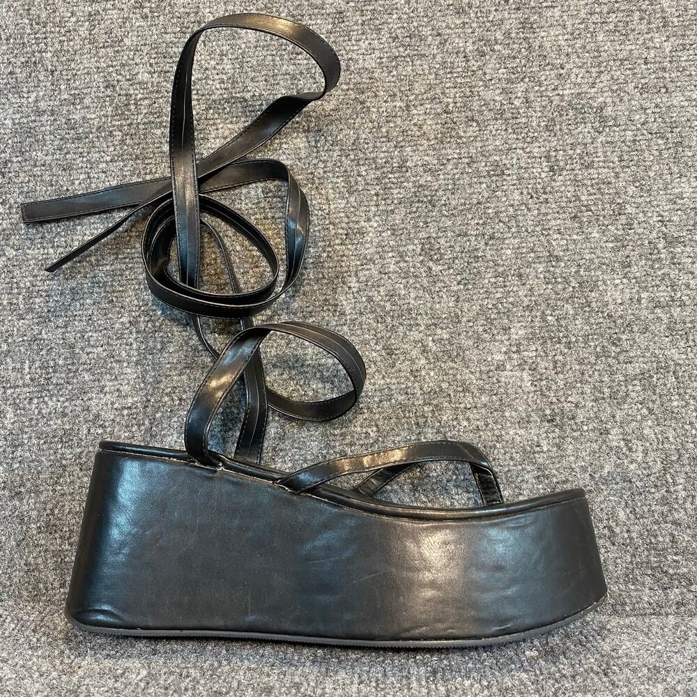 Truffle Collection Black Gladiator Lace Up Platform Thong Sandals Wrap Womens 6